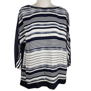 Chicos Zenergy Women Top Size 1 Medium Blue Multi Stripe 3/4 Dolman Sleeve Sheer